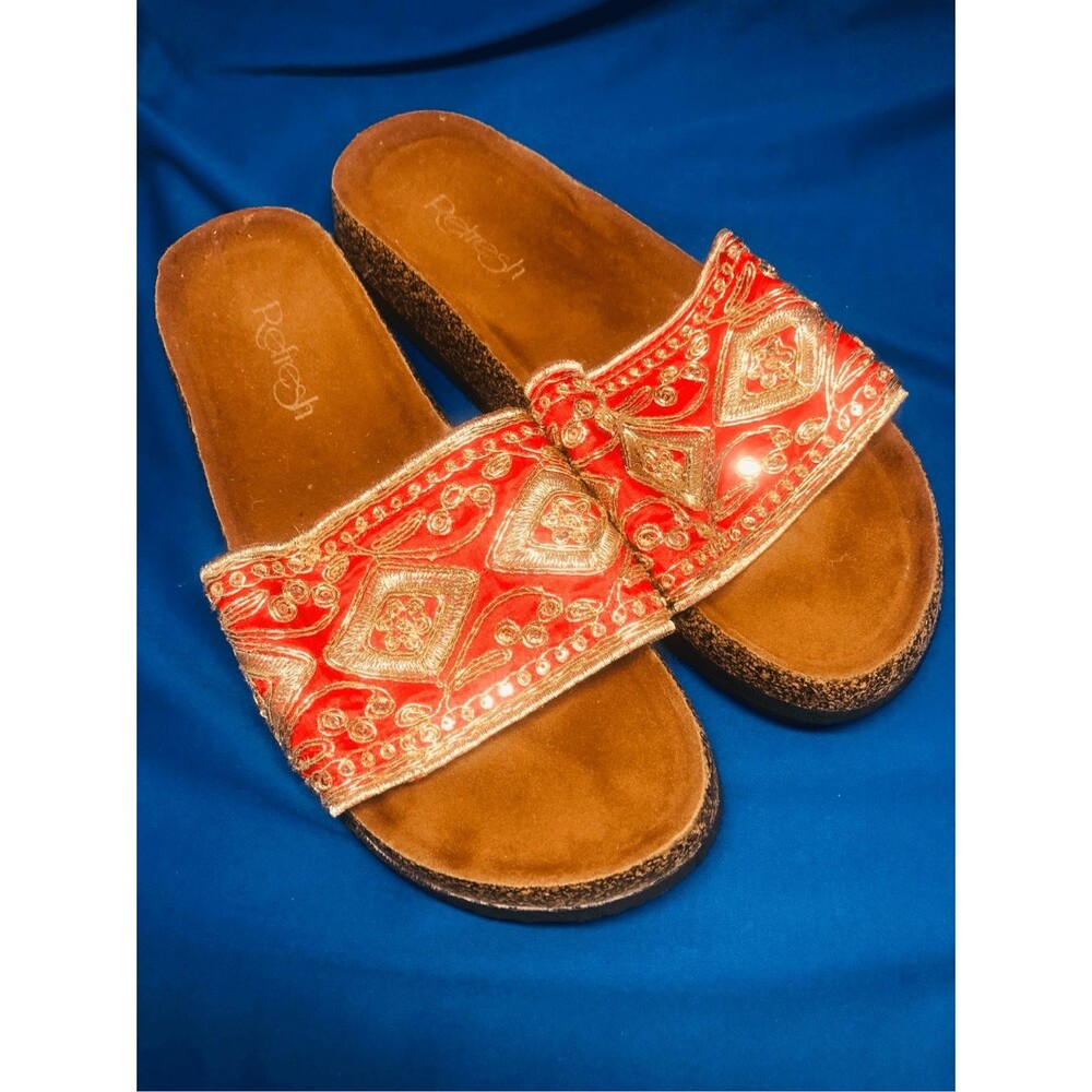 Refresh Women Shoes Sandy-7 Red Gold Embroidered slides Size 8